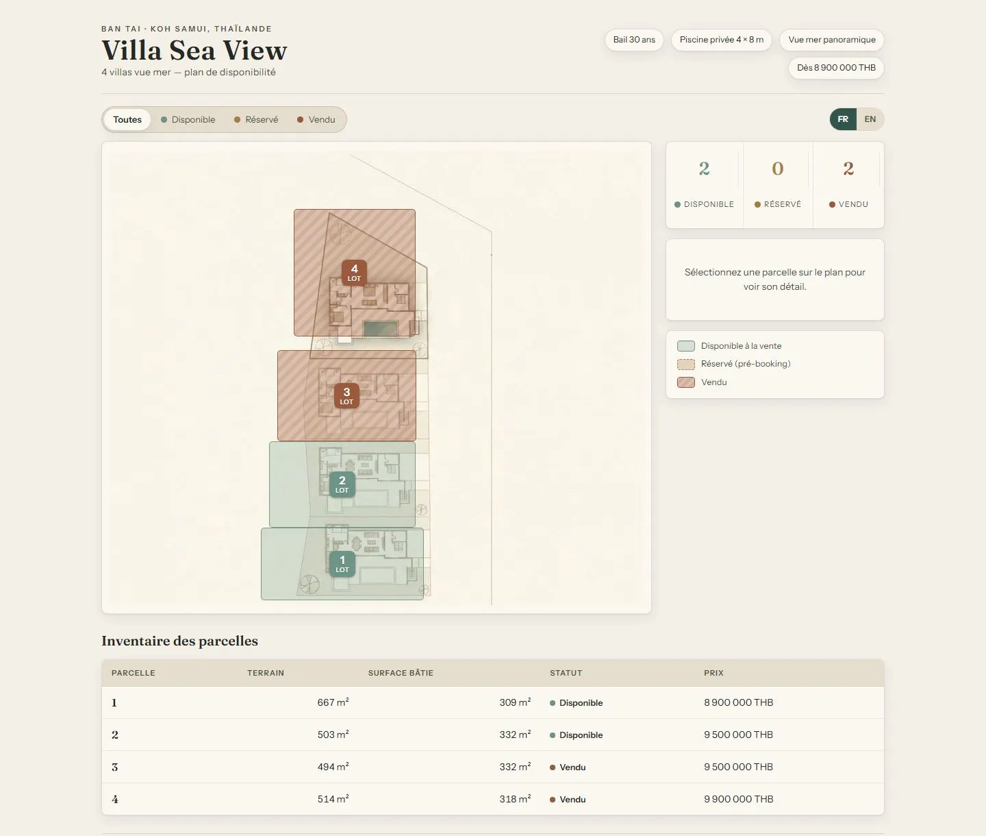 Plan de lots interactif du programme Villa Sea View : quatre parcelles colorées selon leur statut, compteurs et tableau d'inventaire